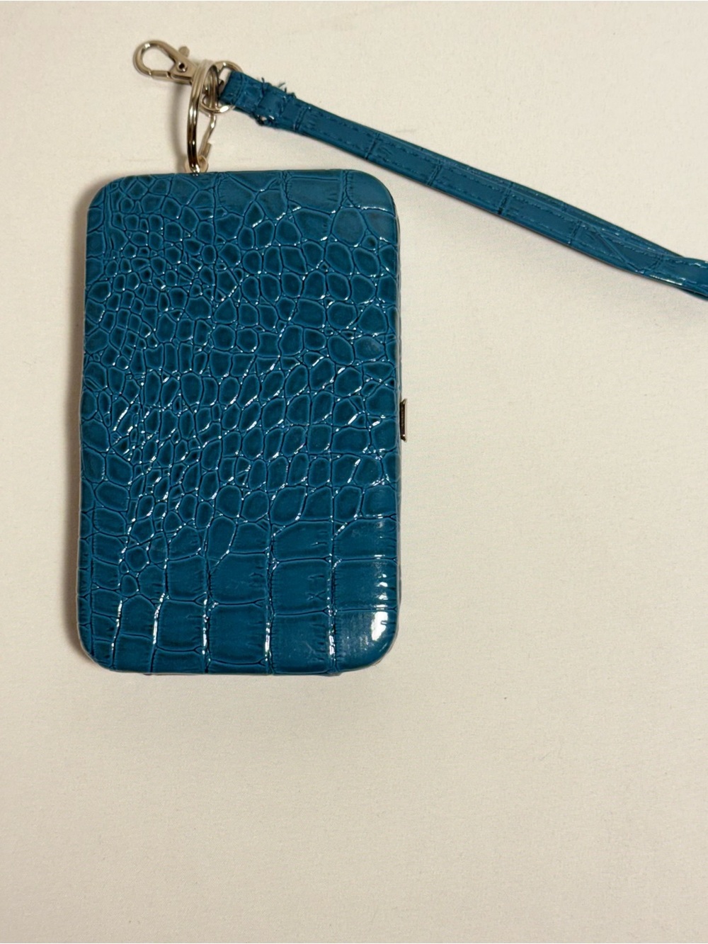 Teal Croc-Embossed Wristlet Clutch with Detachable Strap